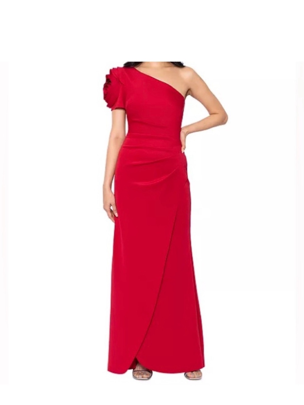 Xscape One-Shoulder Red Gown with Floral Sleeve